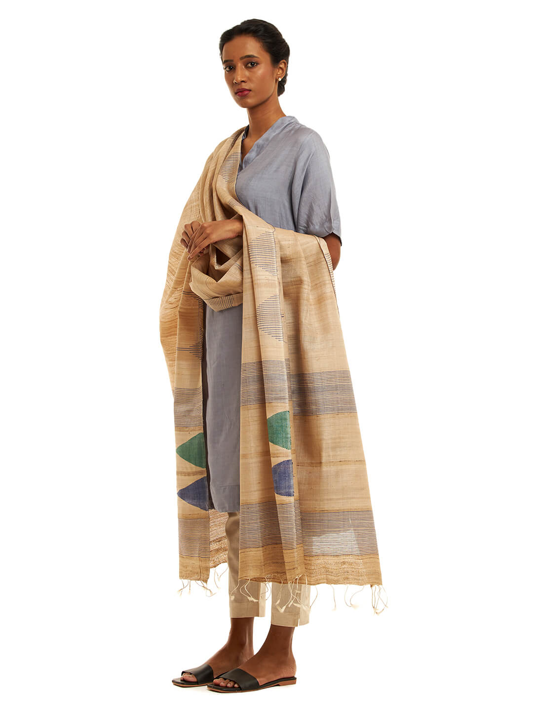 Handwoven Natural Kosa Silk Dupatta in Green Blue Stripes and Temple Motifs