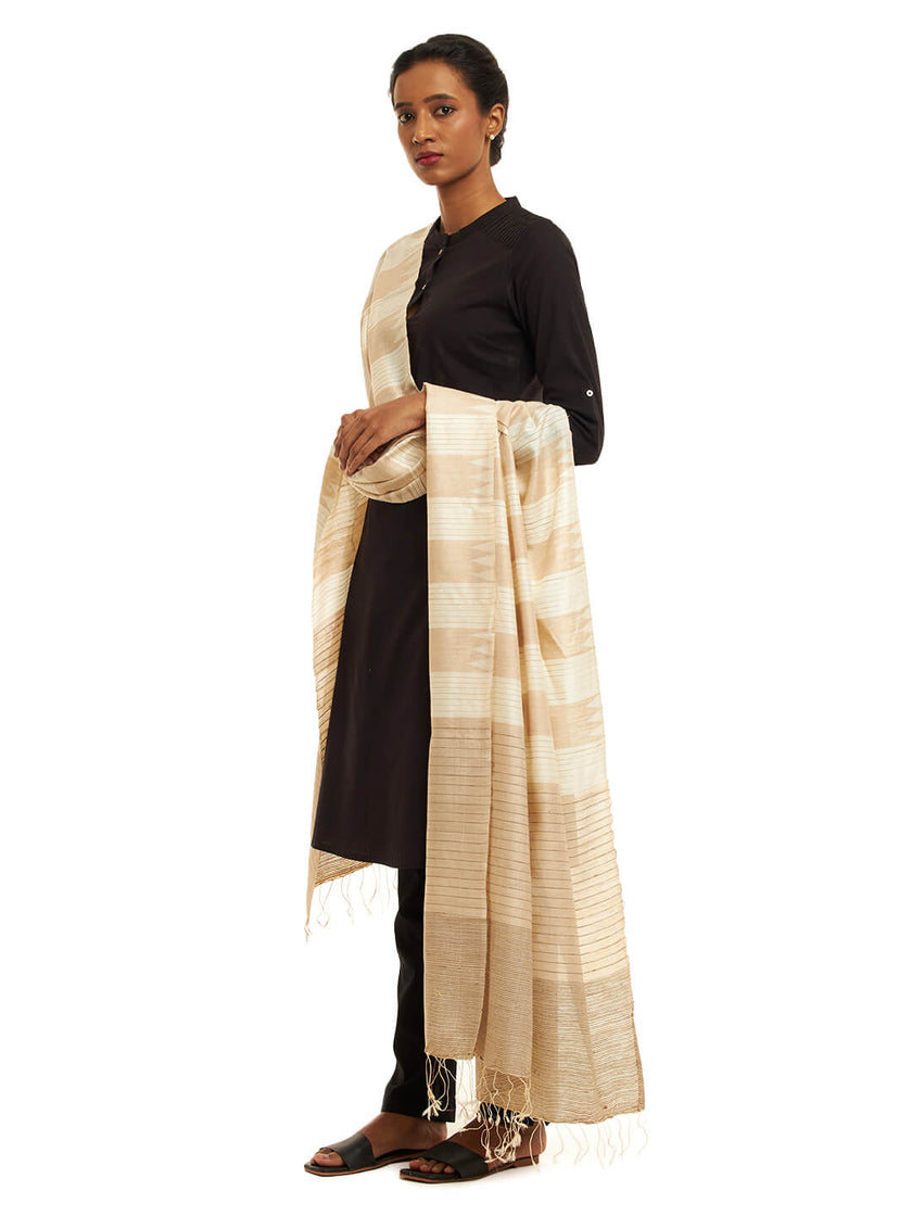 Handwoven Natural Kosa Silk Dupatta with Temples and Stripes