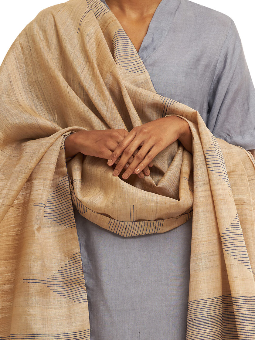 Handwoven Natural Kosa Silk Dupatta in Green Blue Stripes and Temple Motifs
