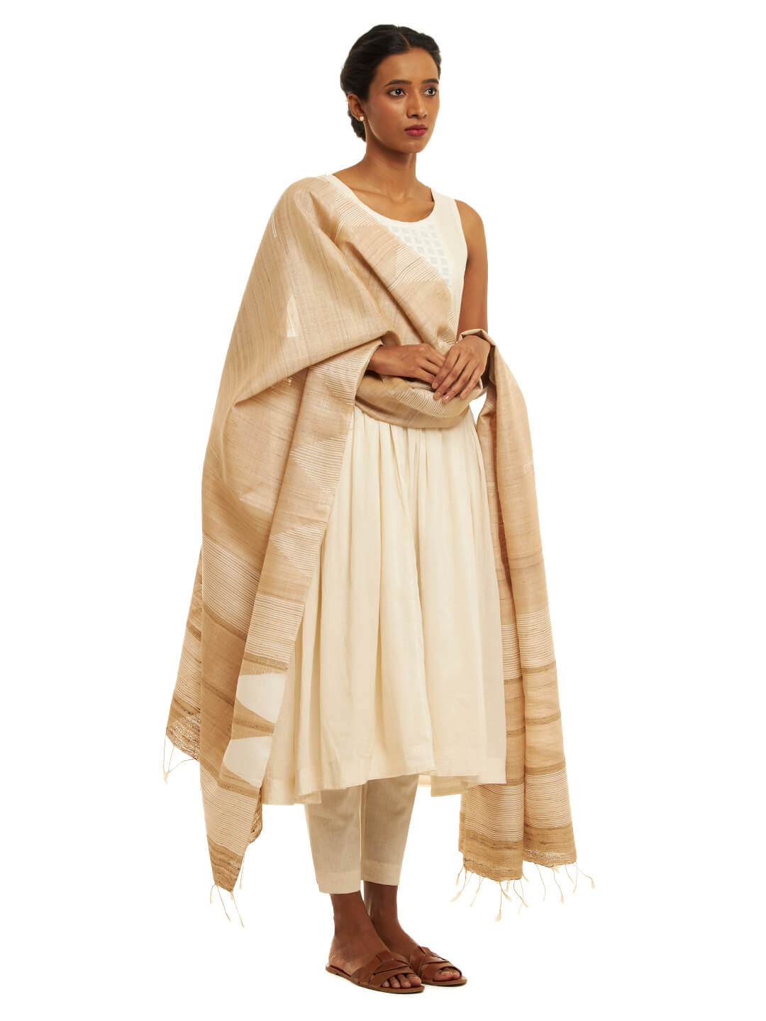 Handwoven Natural Kosa Silk Dupatta with Off White Temple