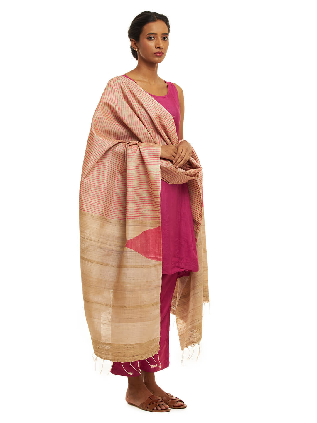 Handwoven Natural Kosa Silk Dupatta with Stripes and Temple in Pink