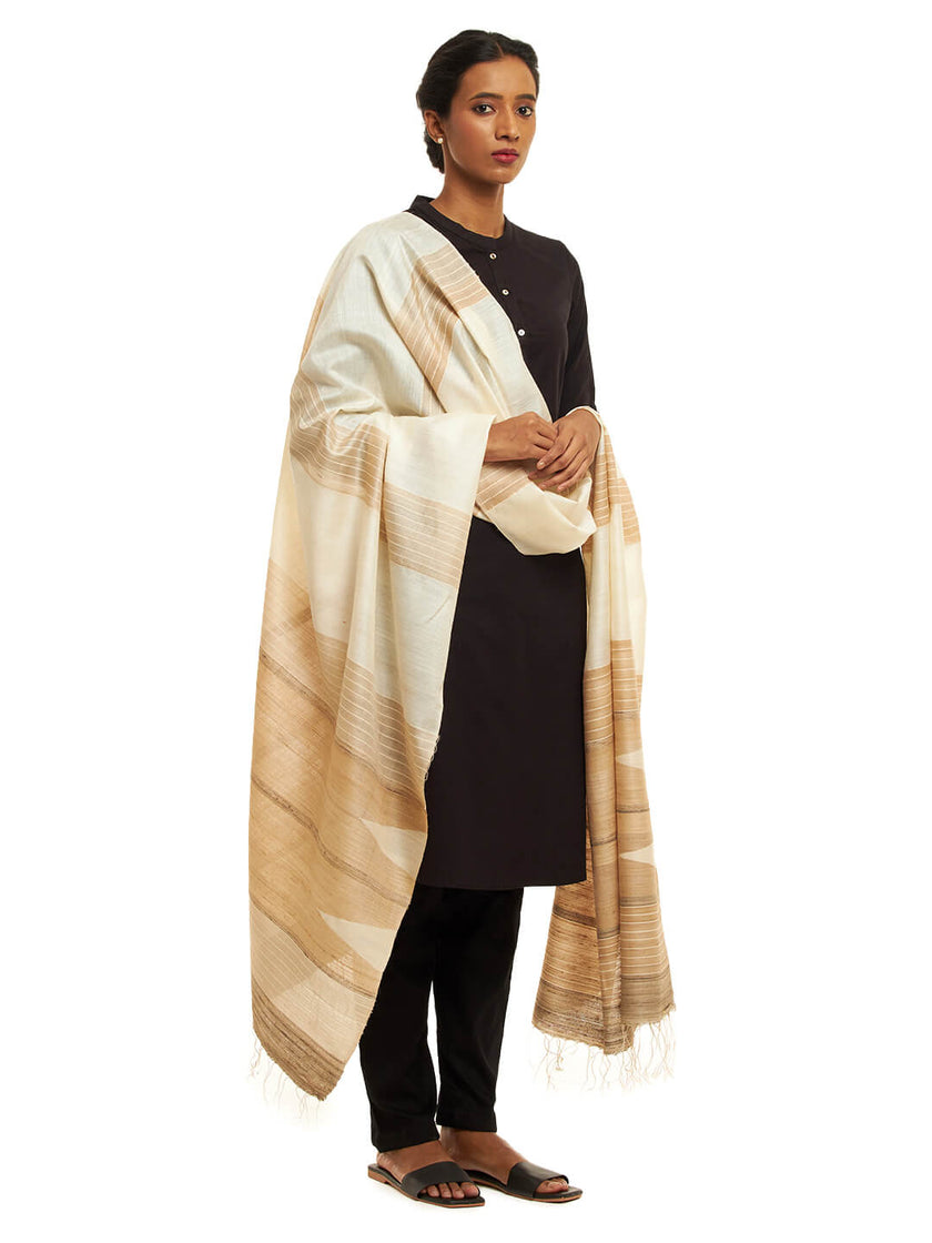 Handwoven Natural Kosa Silk Dupatta with Stripes and Temple Border
