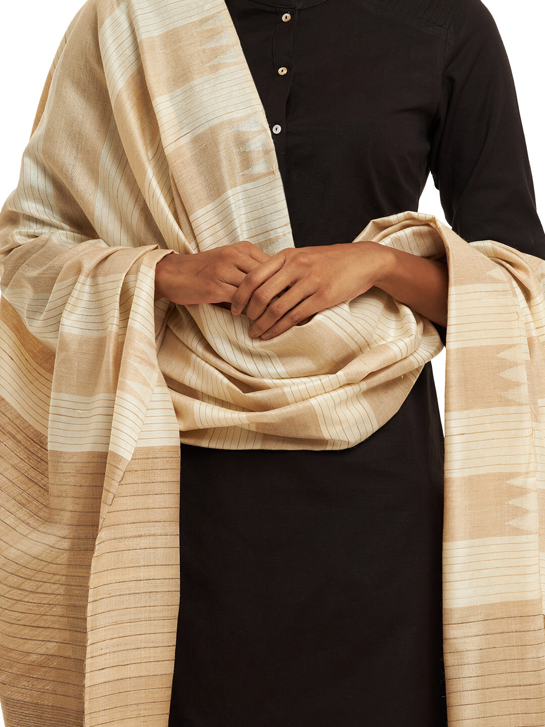 Handwoven Natural Kosa Silk Dupatta with Temples and Stripes