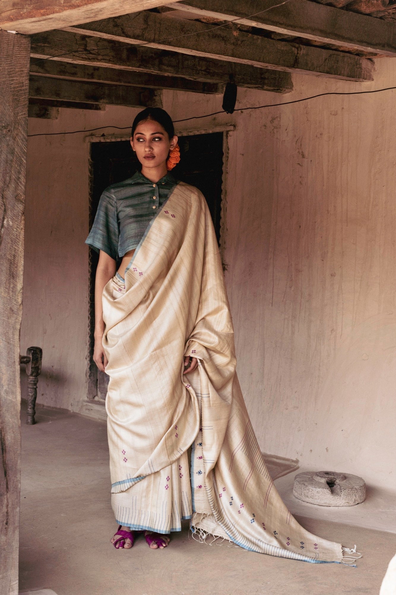 Handwoven Natural-Undyed Tussar Saree with Magenta and Blue Motifs