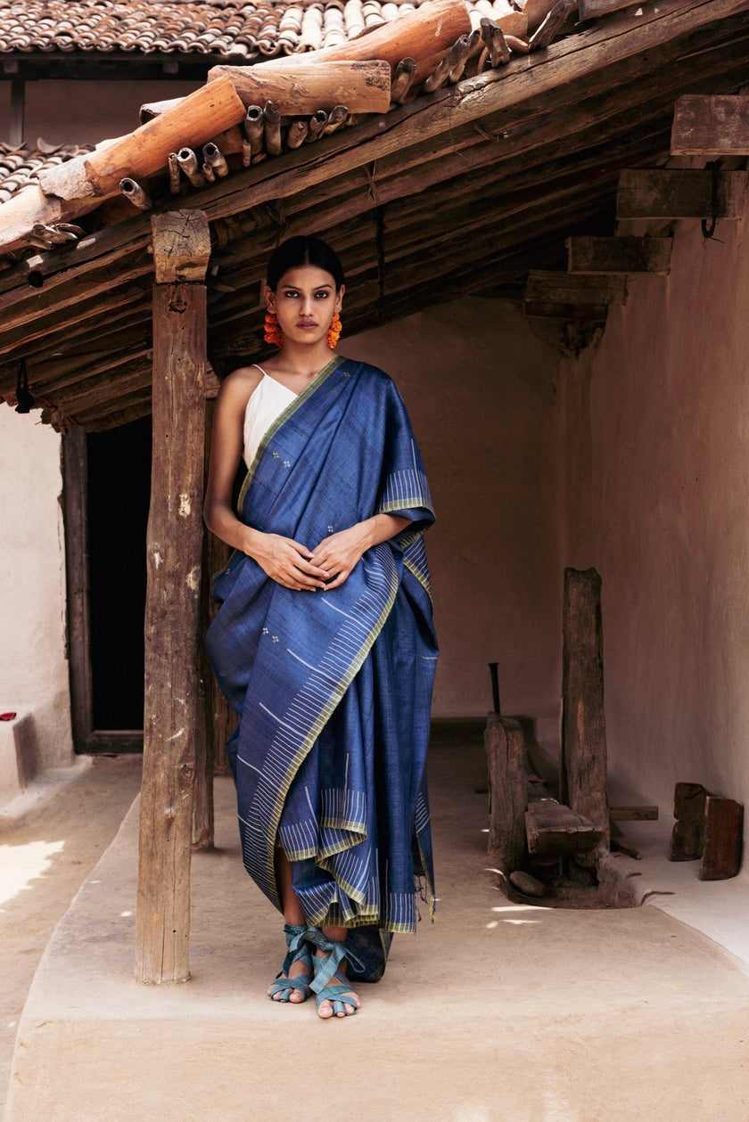 Handwoven Blue Saree with Off-white Motifs