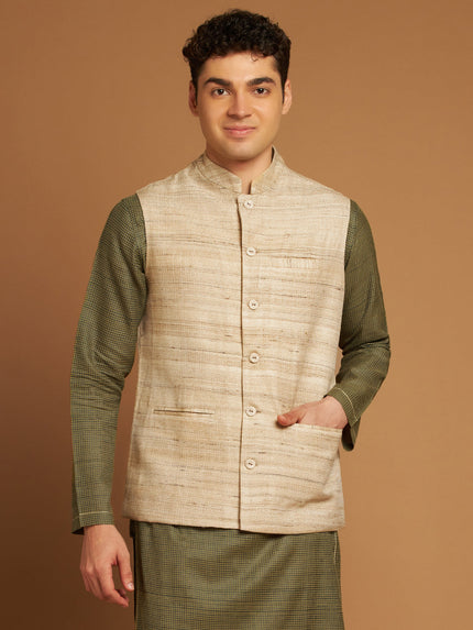 Classic Nehru Jacket in Ghicha silk with wooden buttons in Beige