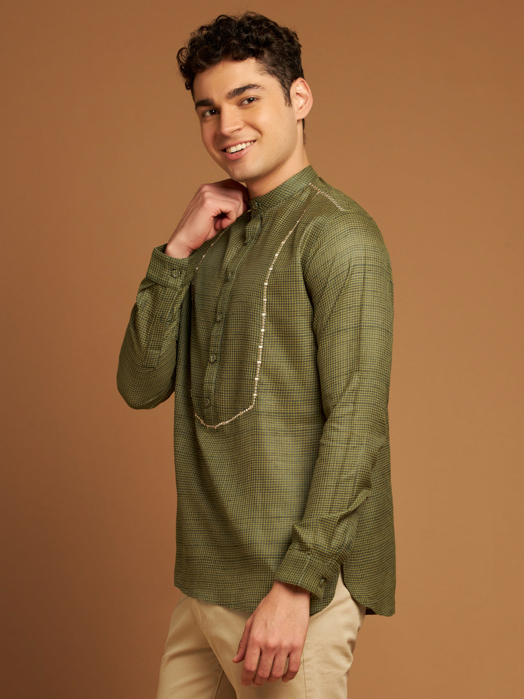 Short kurta with front yoke with contrast embroidery