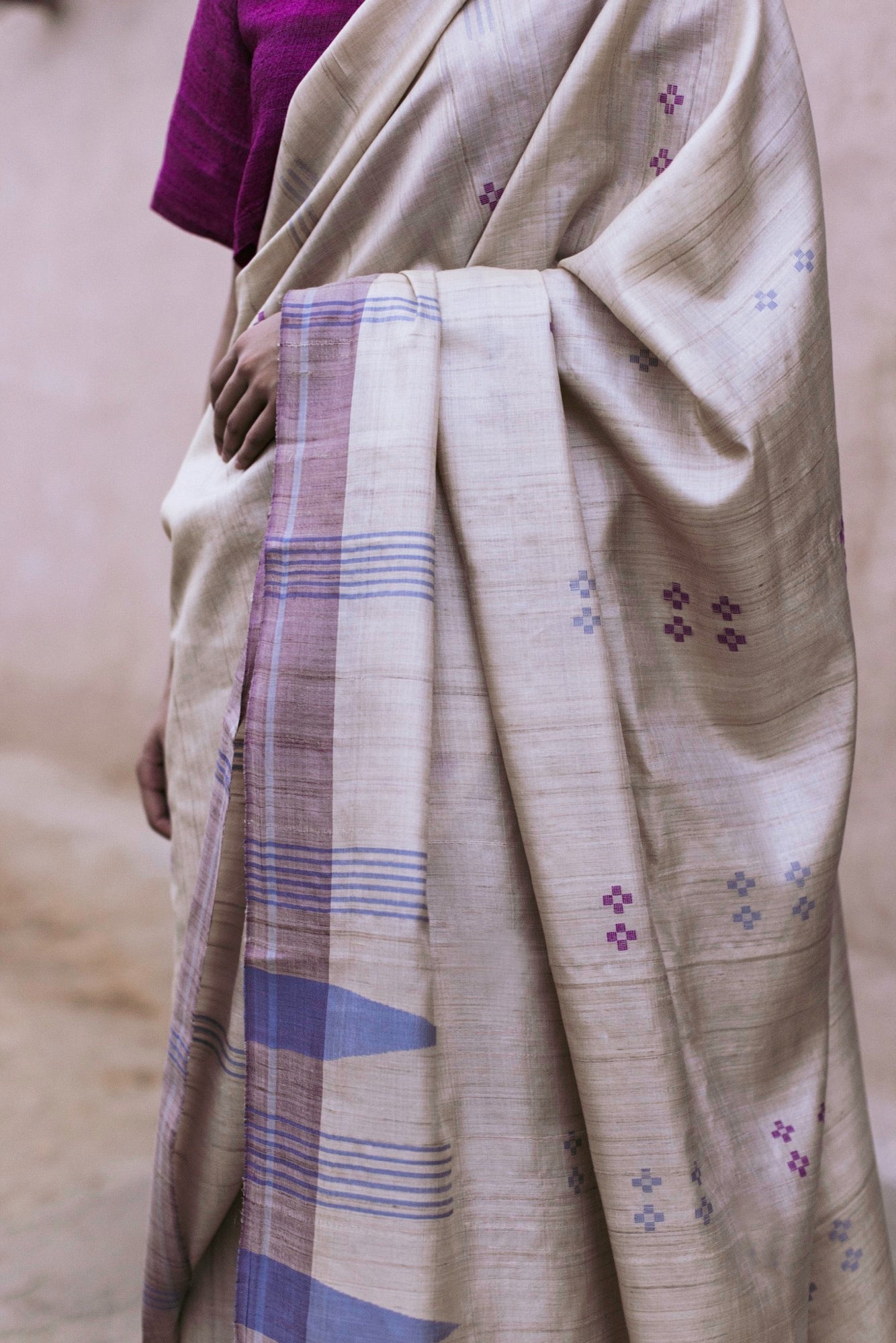 Handwoven Natural-Undyed Kosa Saree with Magenta and Grey Temple Border