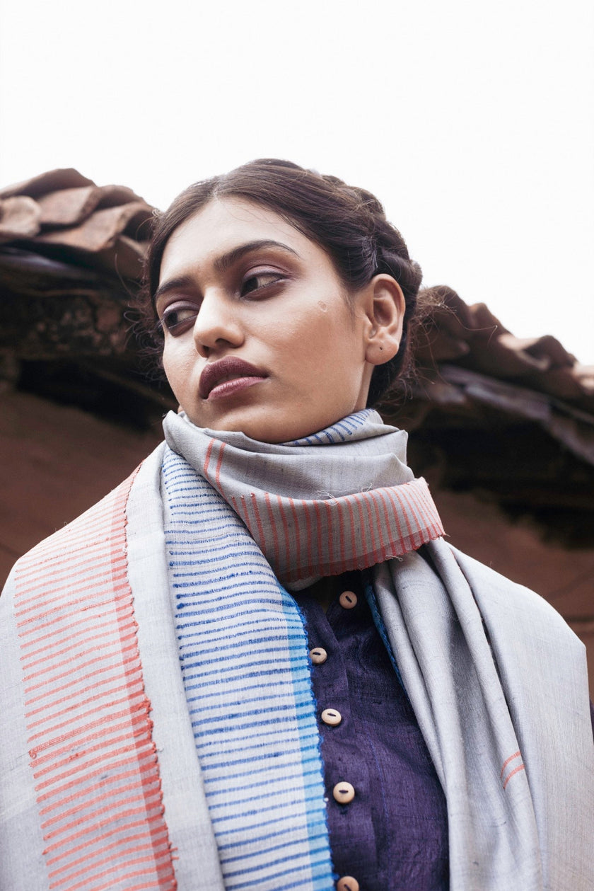 Handwoven Red and Blue Kosa Dupatta