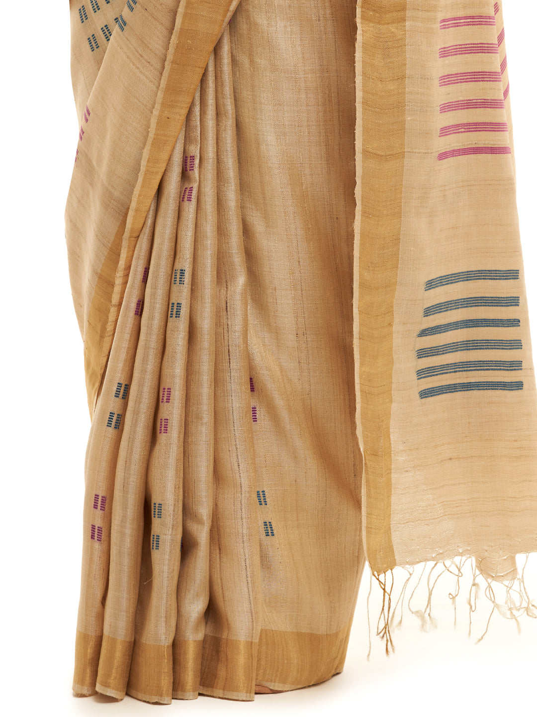 Handwoven Natural-Undyed Kosa Saree with Multicolour Motifs