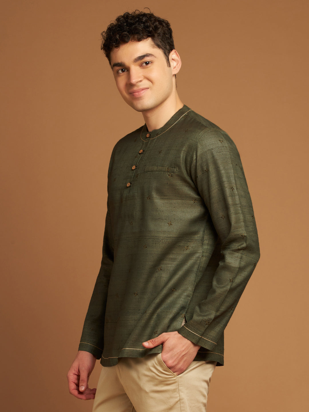 Green Kosa Kurta with Satin Embroidery Inspired by Tribal Motifs