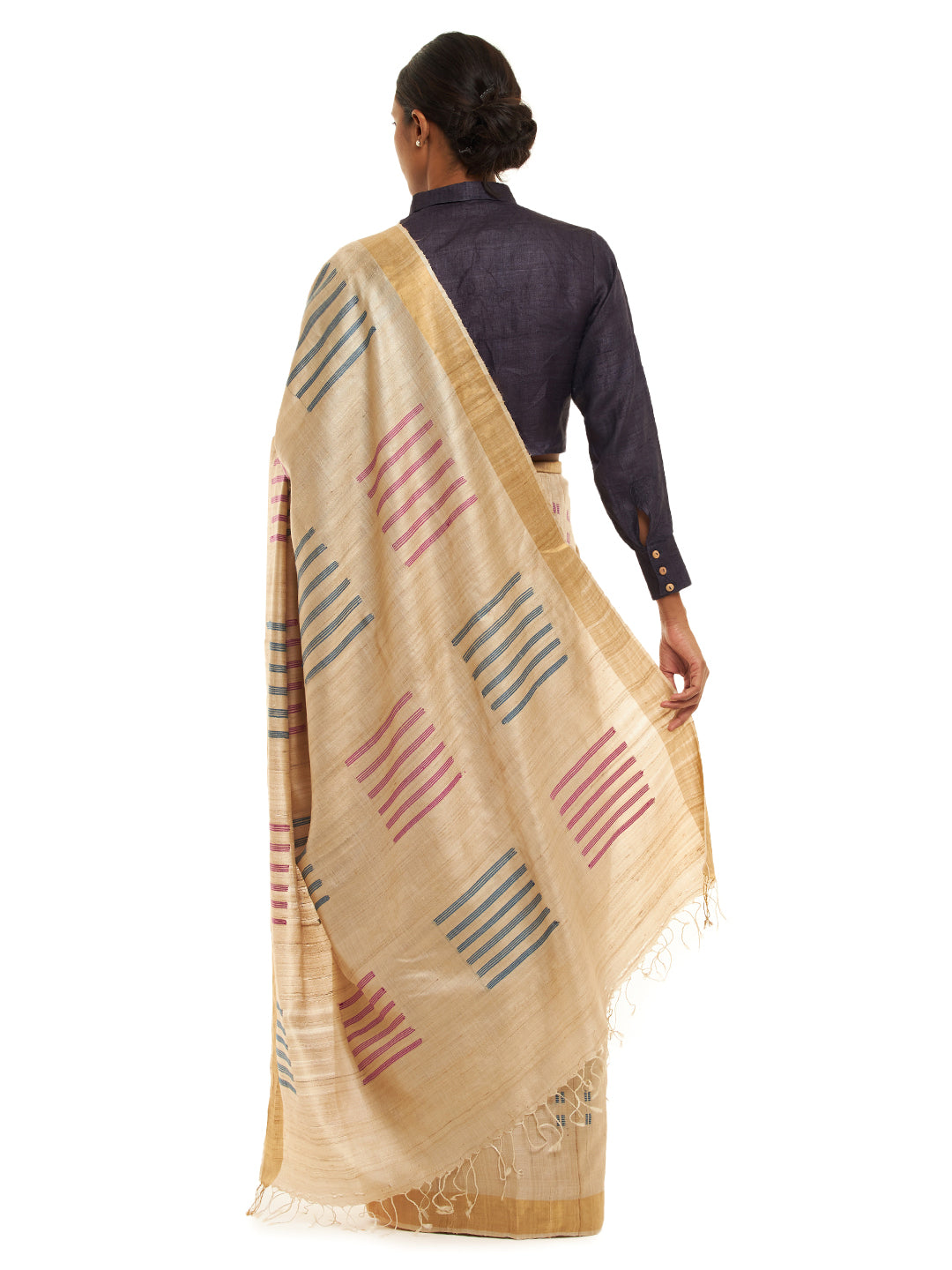 Handwoven Natural-Undyed Kosa Saree with Multicolour Motifs
