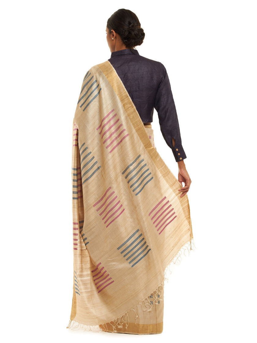 Handwoven Natural-Undyed Kosa Saree with Multicolour Motifs
