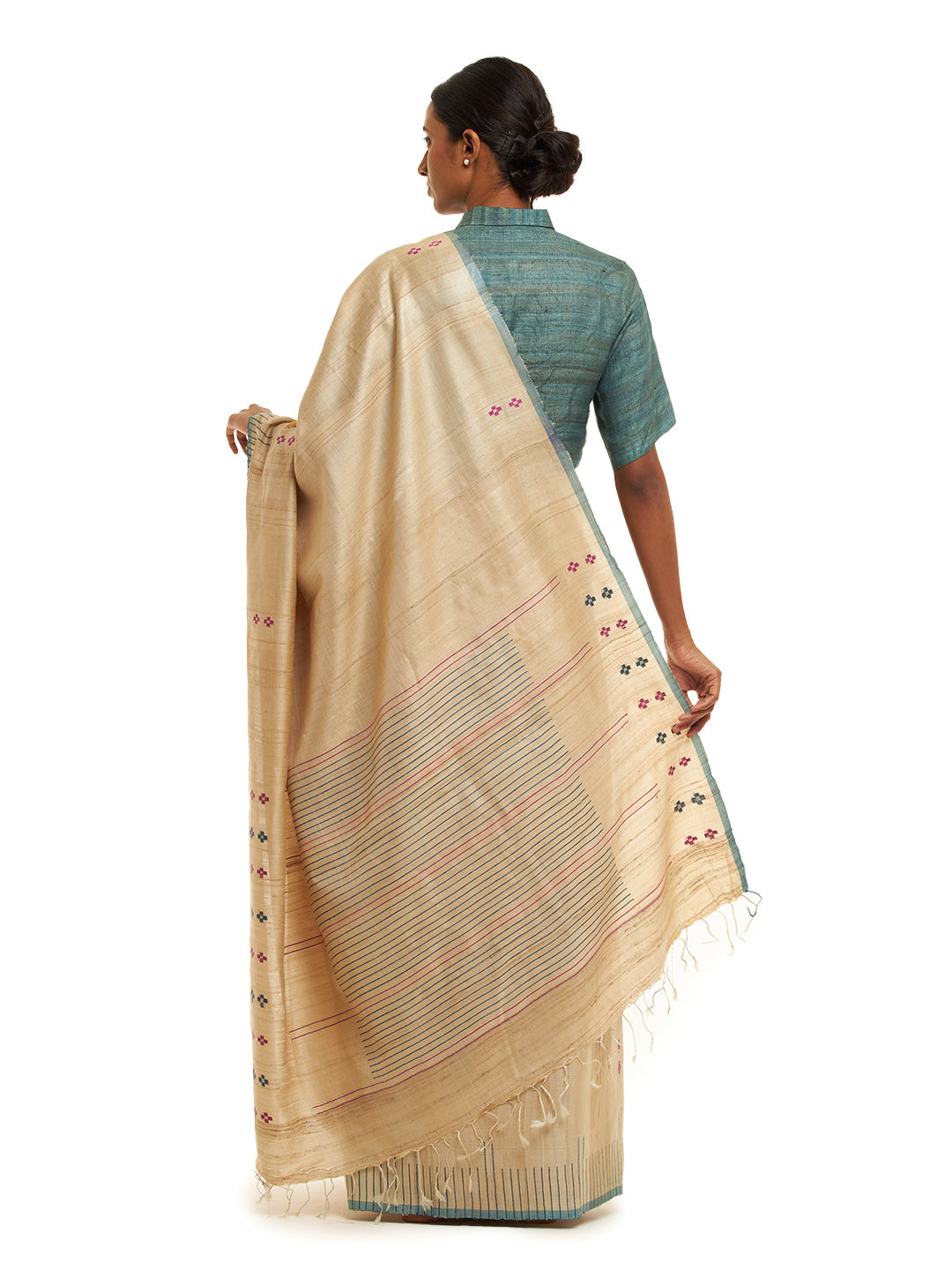 Handwoven Natural-Undyed Tussar Saree with Magenta and Blue Motifs