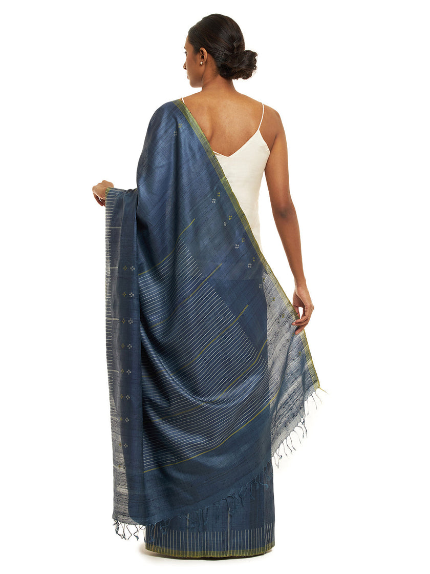Handwoven Blue Saree with Off-white Motifs