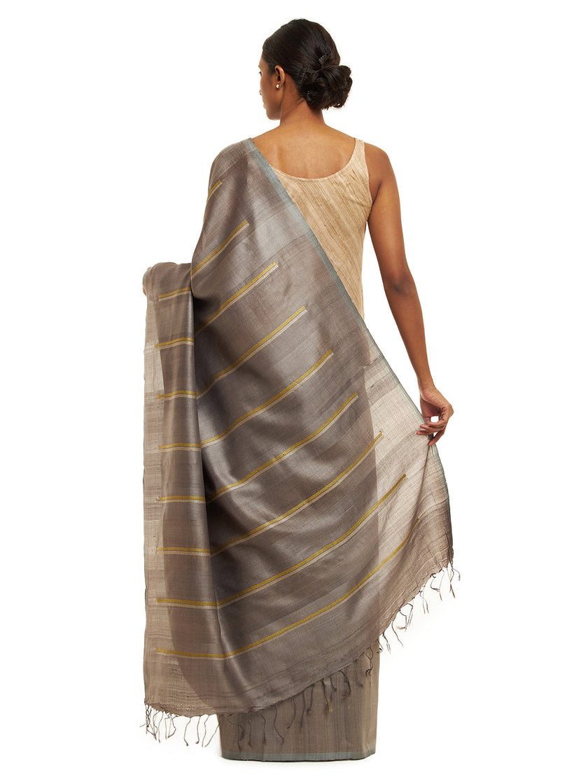 Handwoven Fossil Grey Kosa Saree with Lime Green Motifs