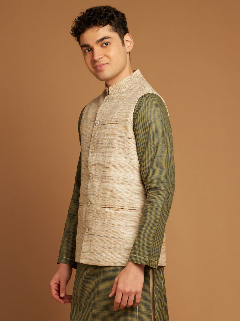Classic Nehru Jacket in Ghicha silk with wooden buttons in Beige