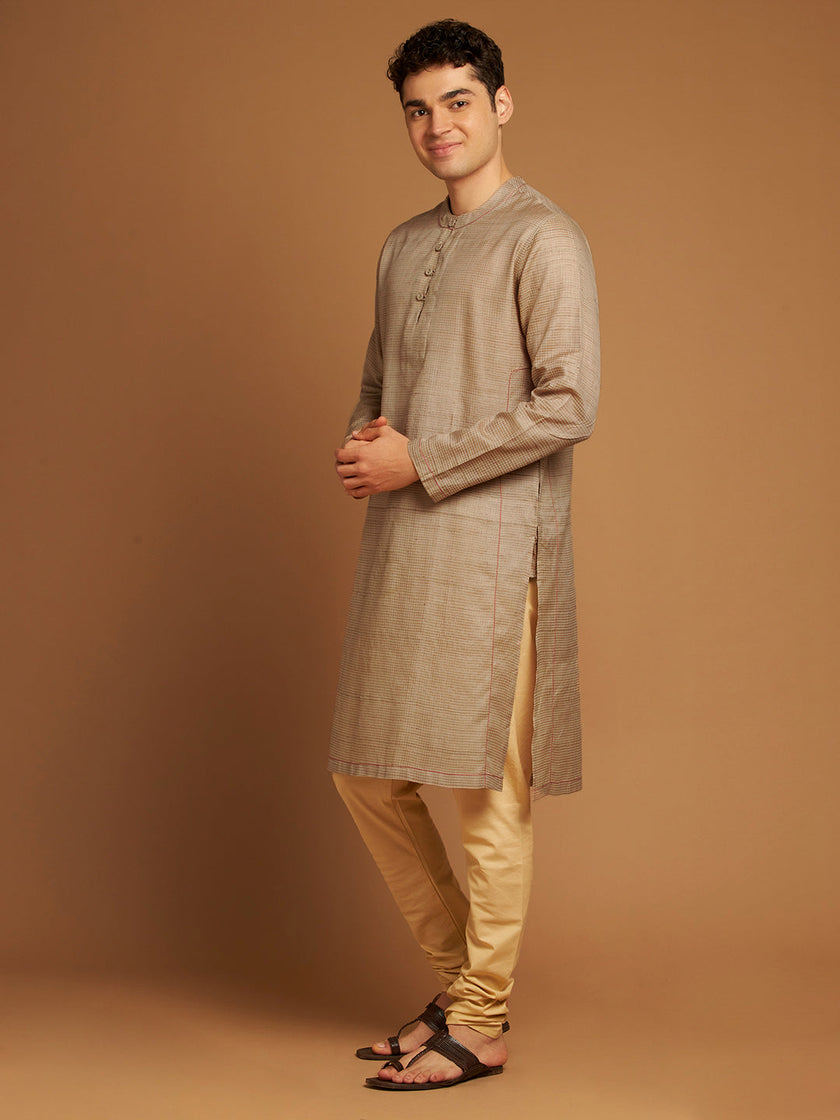 Beige Long Kurta with Micro-Check Fabric