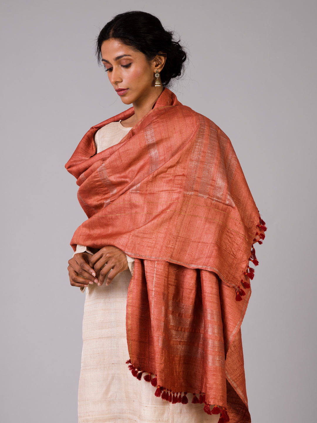 Handwoven rust Colour Silver Zari Kosa Stole