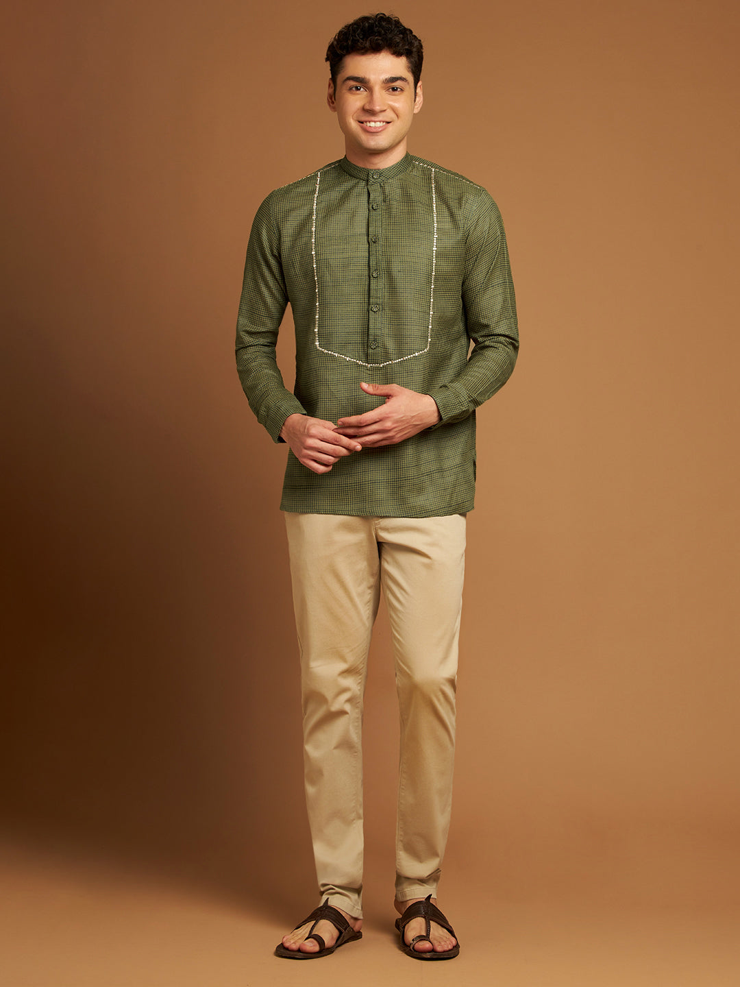 Short kurta with front yoke with contrast embroidery