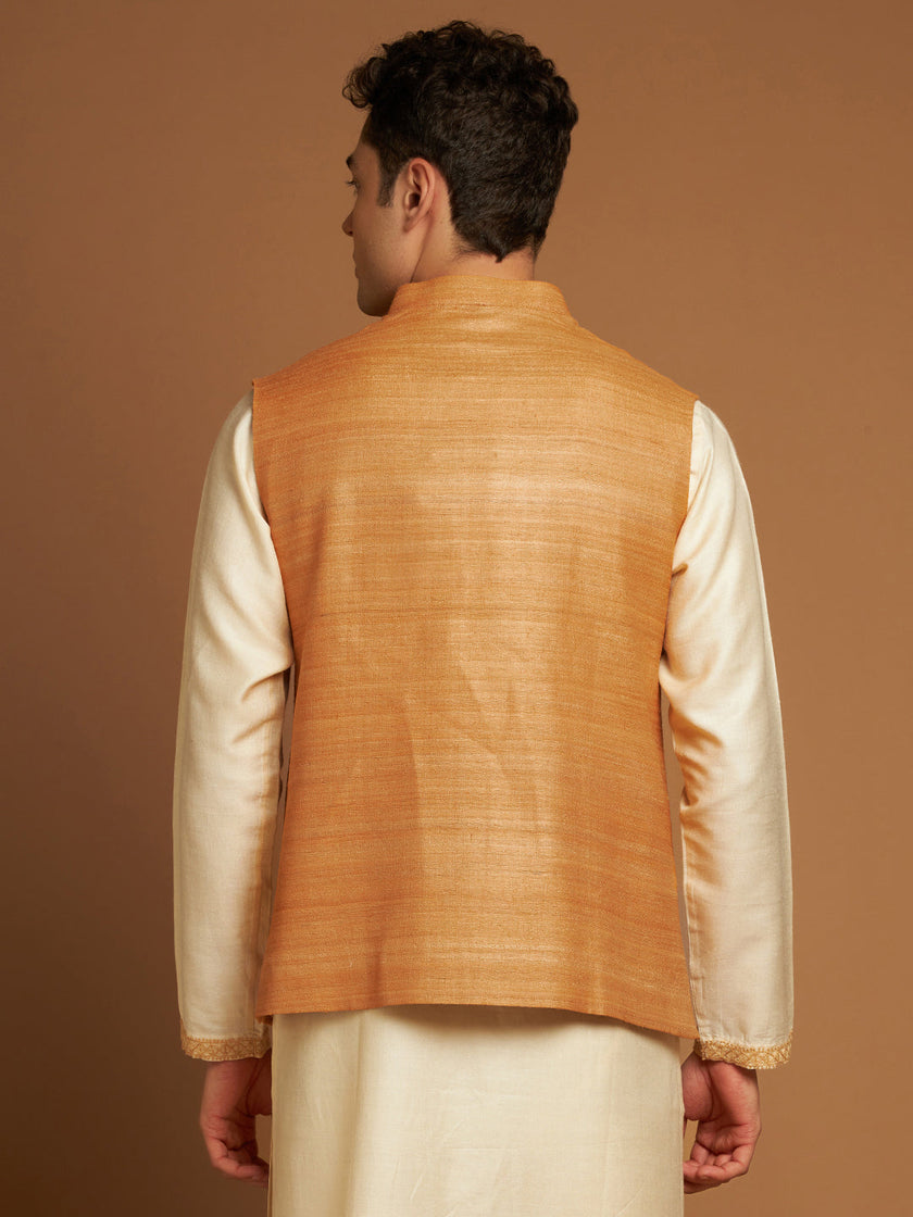 Classic Nehru Jacket in Ghicha silk with wooden buttons in Orange