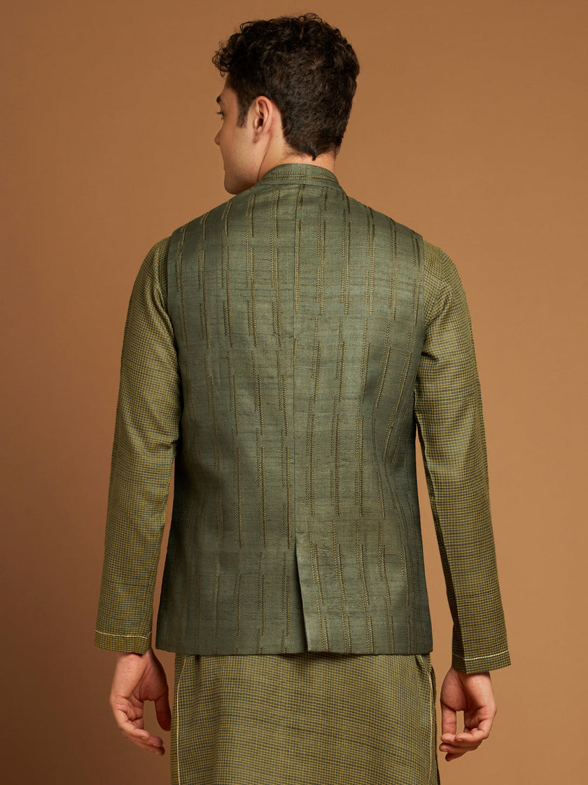 Green Kosa Nehru Jacket with Tribal Motif Embroidery
