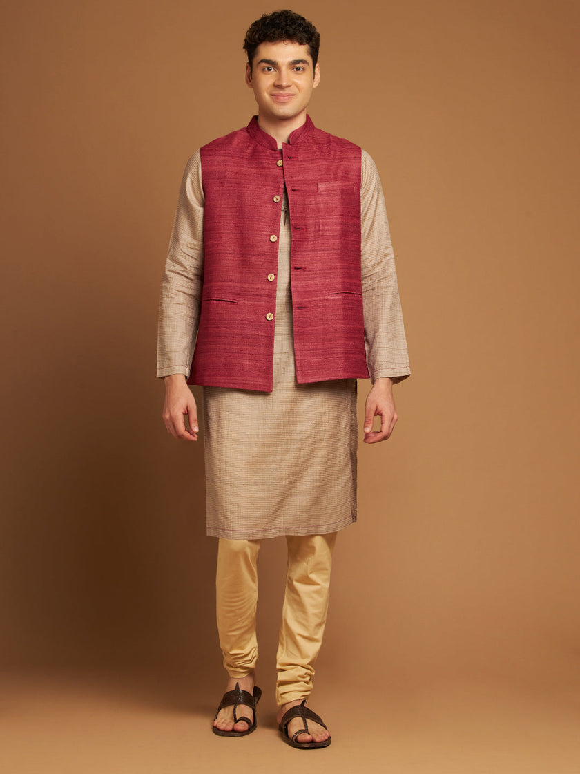 Classic Nehru Jacket in Ghicha silk with wooden buttons in Burgundy