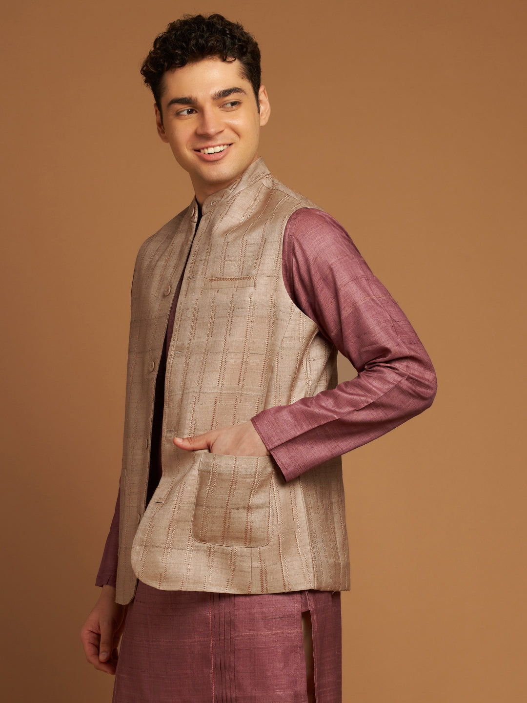 Classic Nehru Jacket in Kosa silk with wooden buttons in Beige