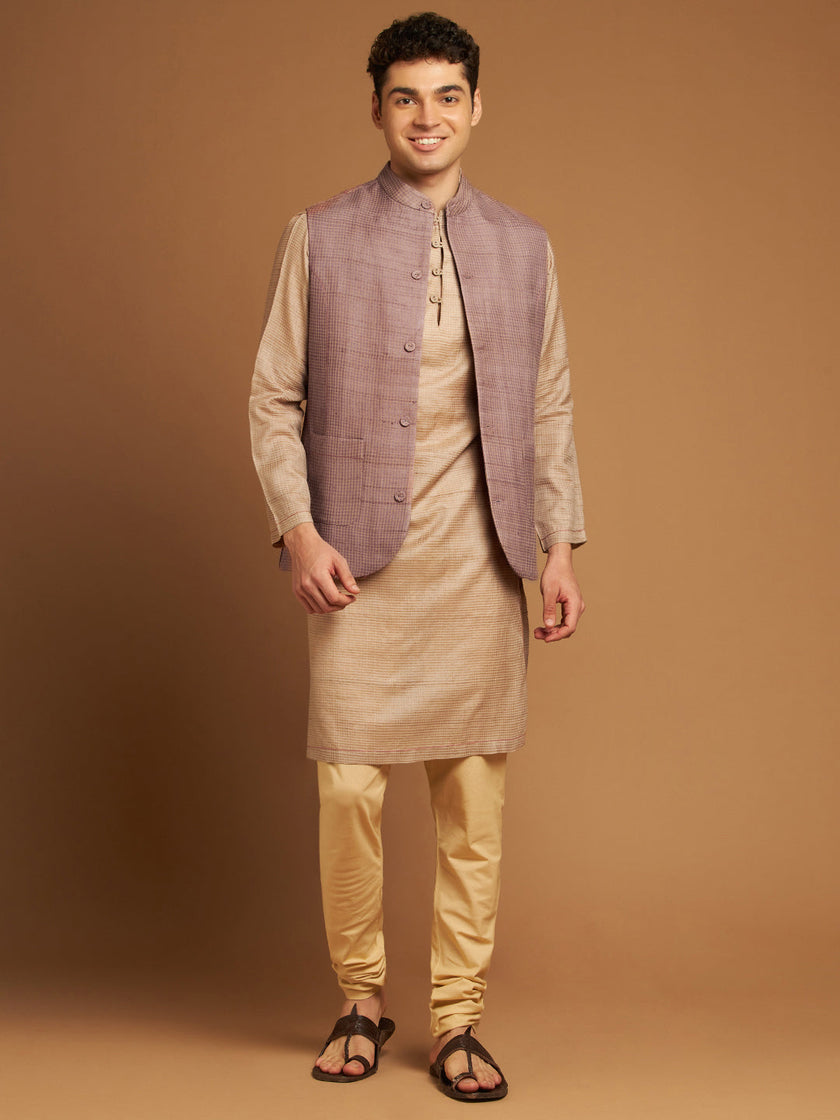 Pink Kosa & Cotton Nehru Jacket with Checkered Weave