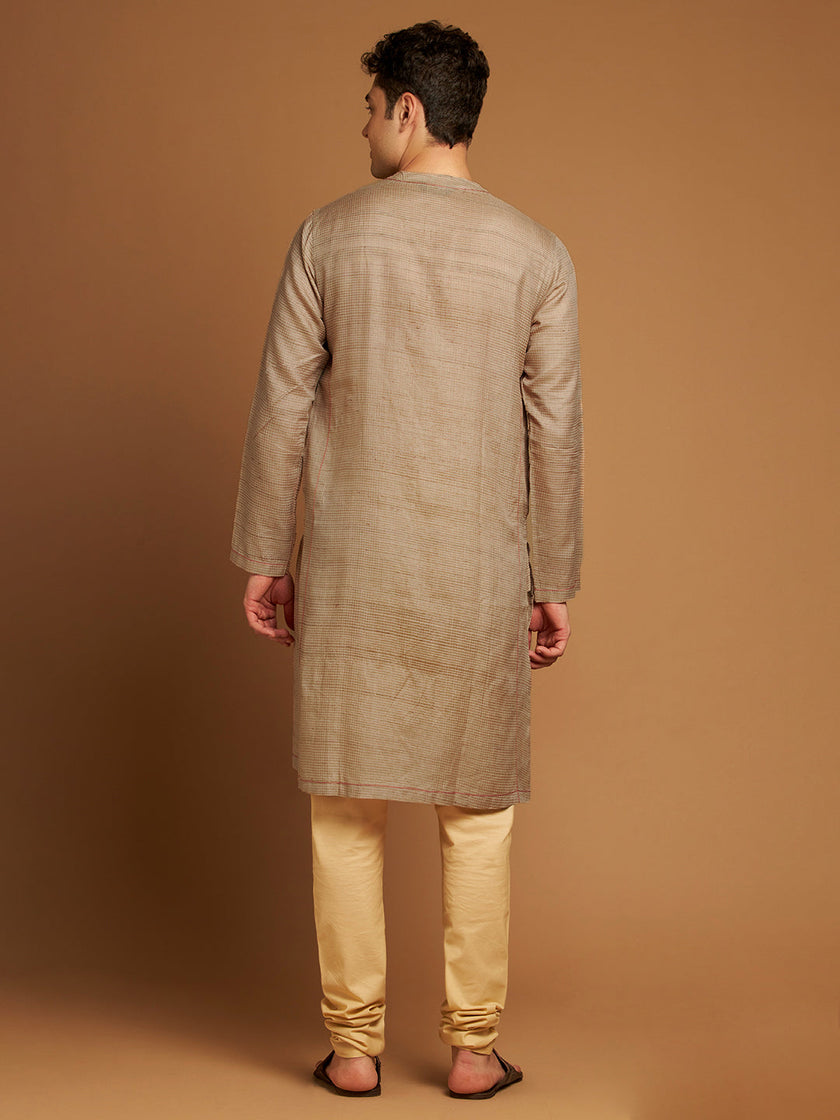 Beige Long Kurta with Micro-Check Fabric