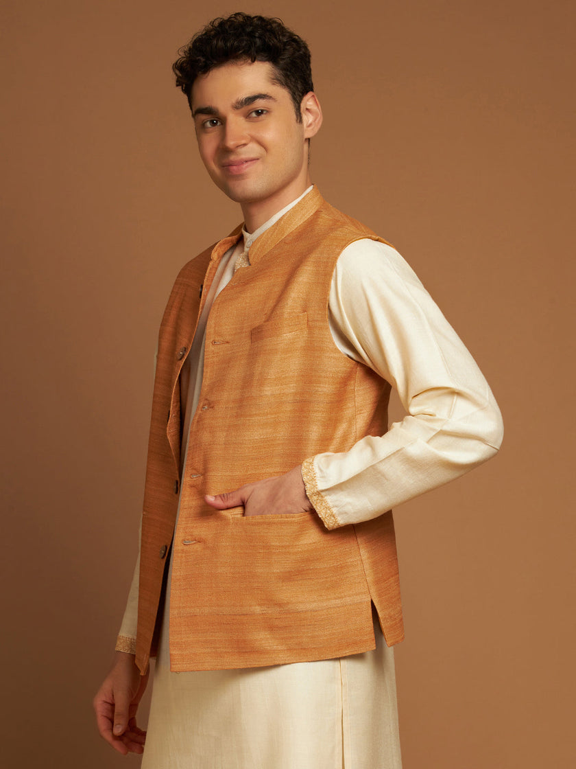 Classic Nehru Jacket in Ghicha silk with wooden buttons in Orange