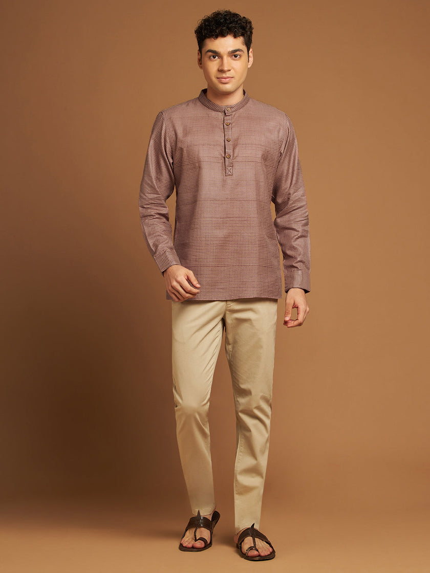 Pink Kosa Kurta with Checkered Fabric and Handcrafted Buttons