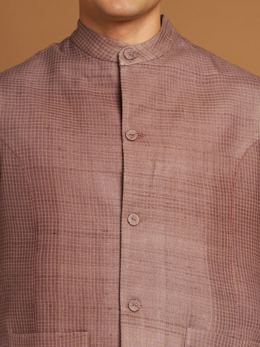 Pink Kosa & Cotton Nehru Jacket with Checkered Weave