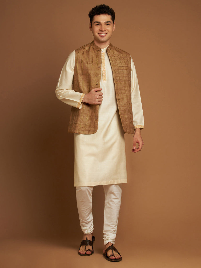 Ochre Kosa Nehru Jacket with Tribal Motif Embroidery