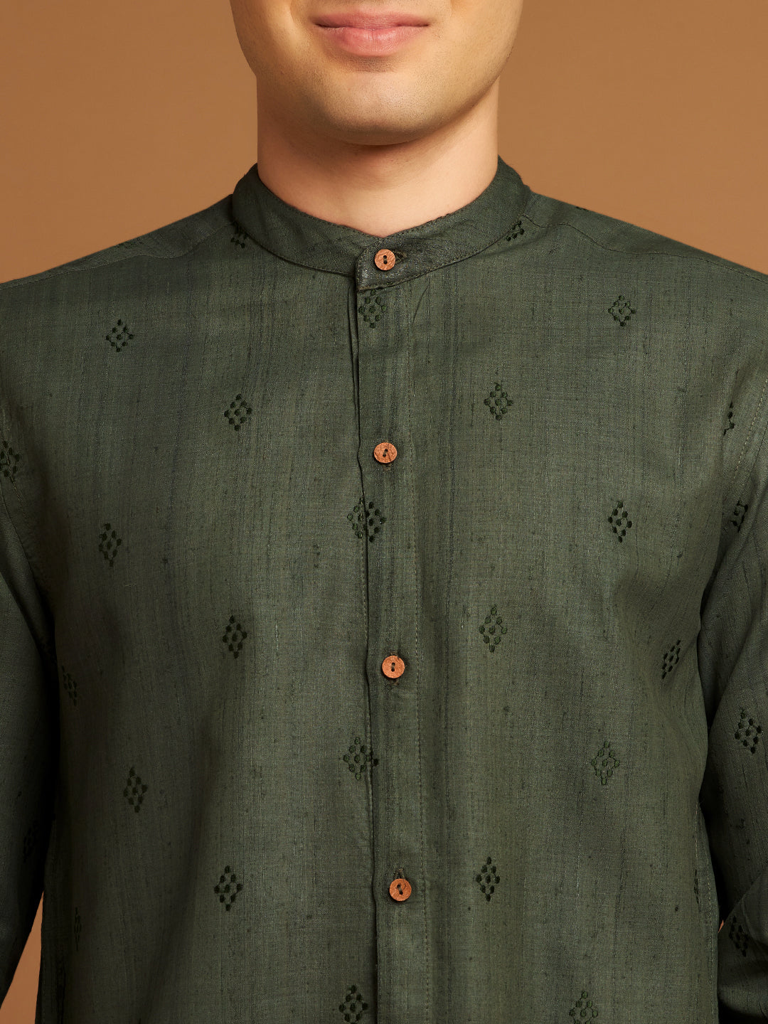 Green Kosa Silk Shirt with Tribal Motif Embroidery