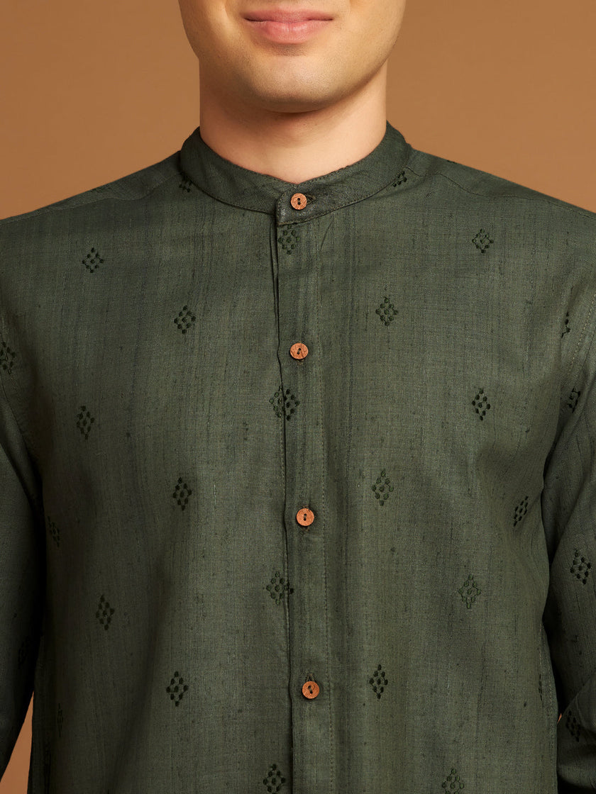Green Kosa Silk Shirt with Tribal Motif Embroidery