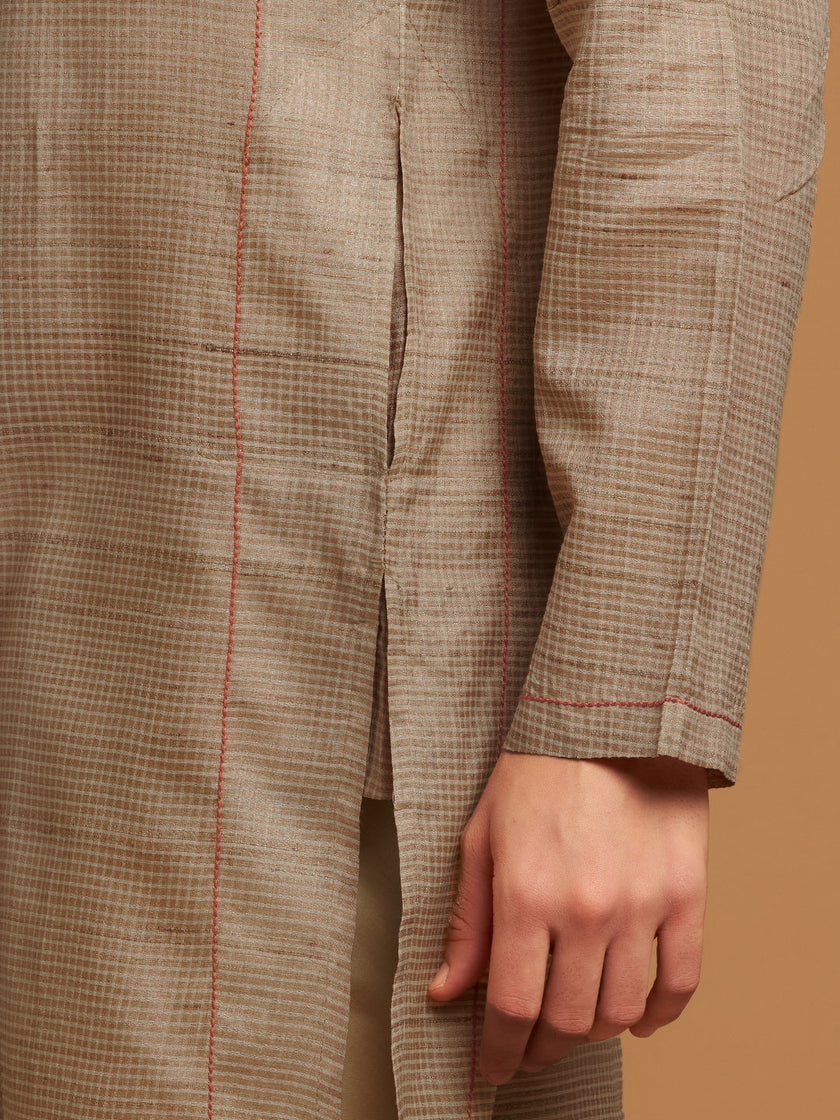 Beige Long Kurta with Micro-Check Fabric