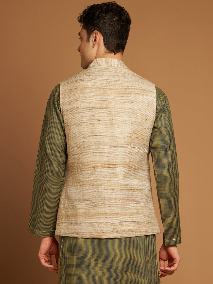 Classic Nehru Jacket in Ghicha silk with wooden buttons in Beige