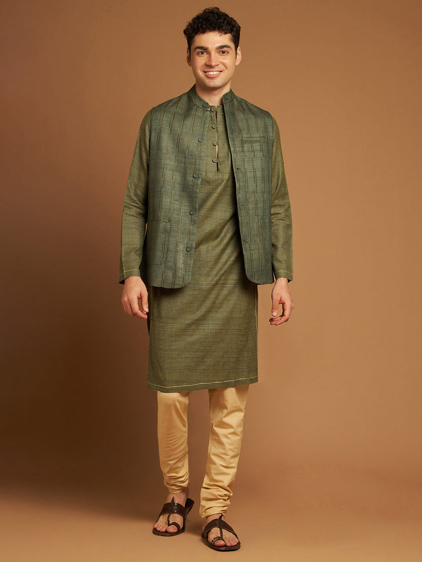 Green Kosa Nehru Jacket with Tribal Motif Embroidery