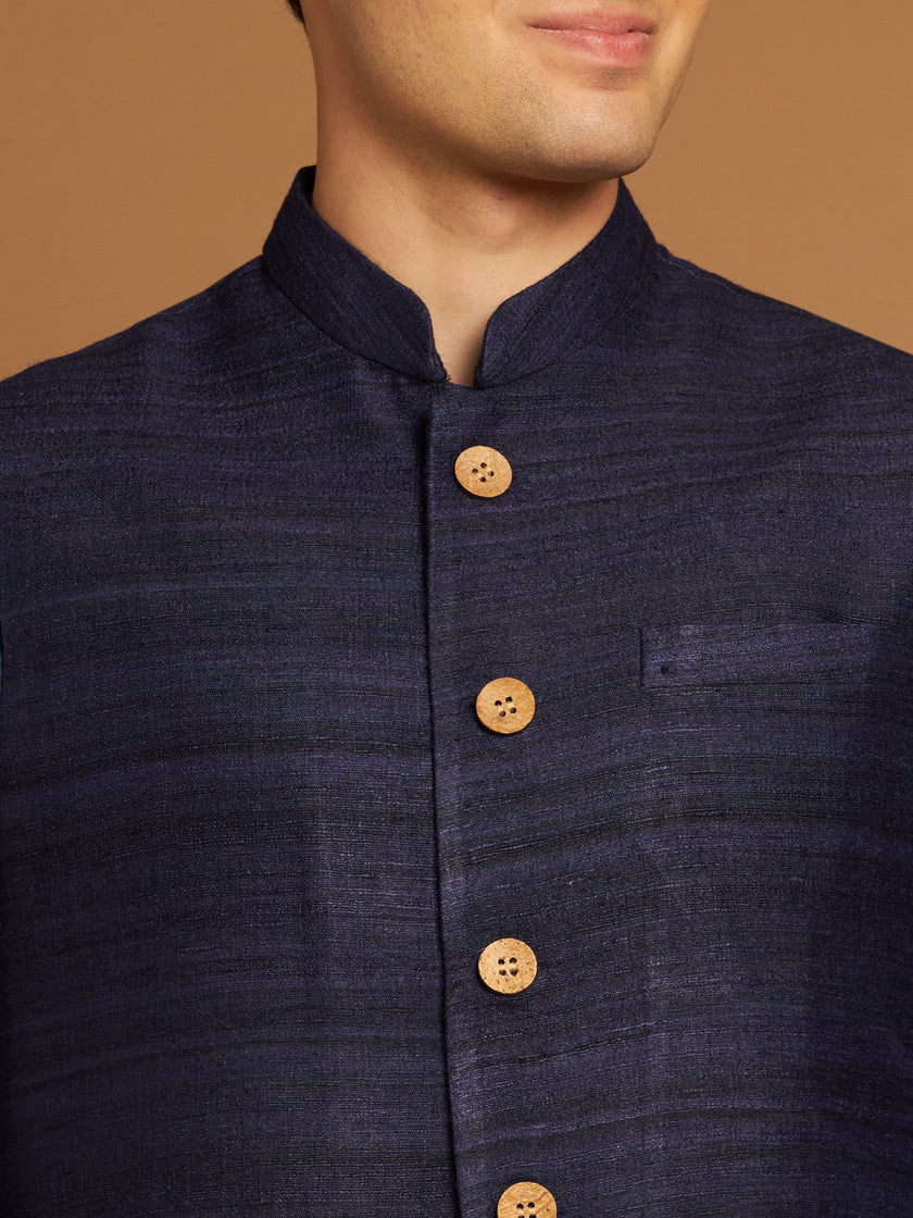 Classic Nehru Jacket in Ghicha silk with wooden buttons in Blue