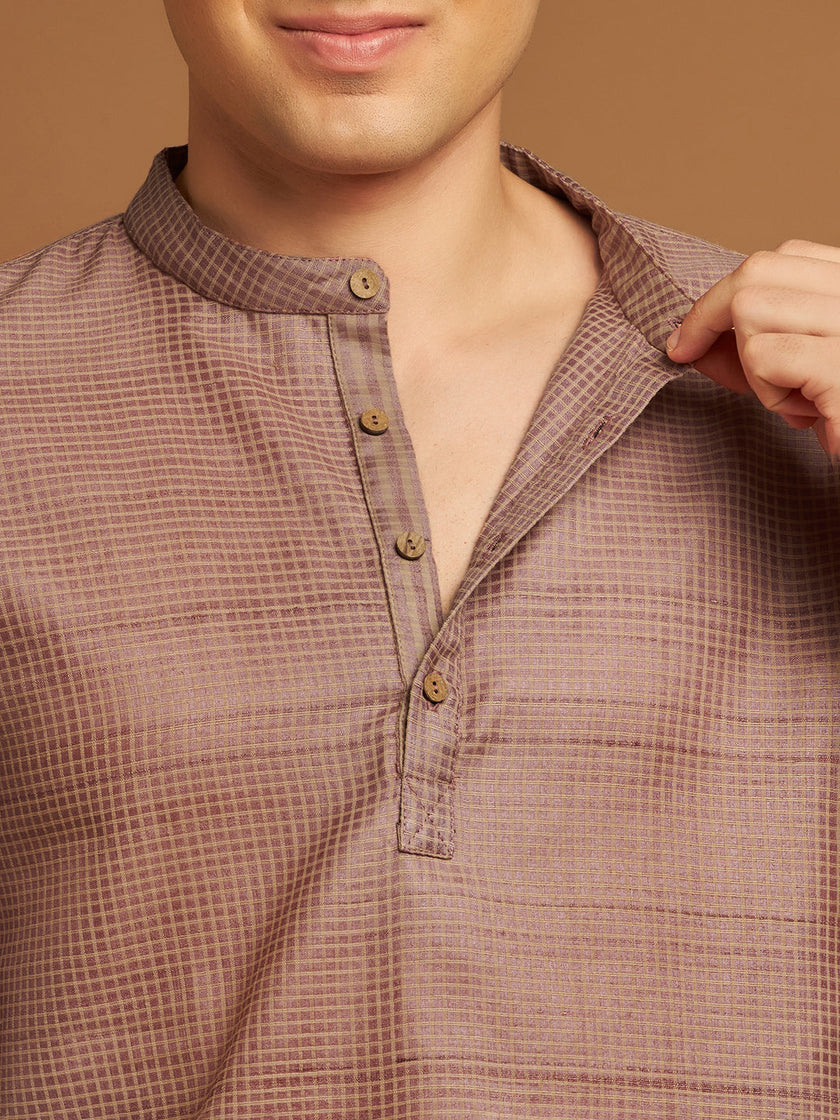 Pink Kosa Kurta with Checkered Fabric and Handcrafted Buttons