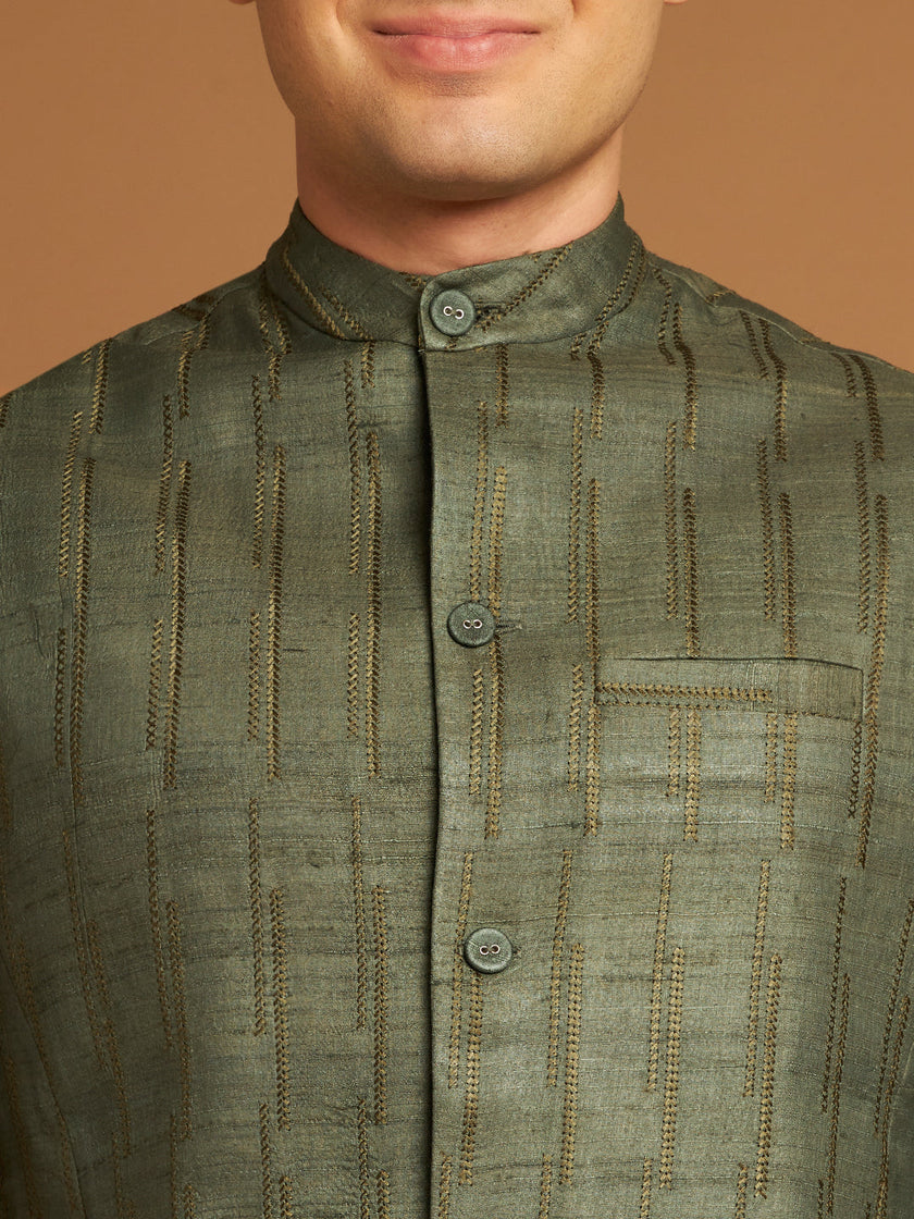 Green Kosa Nehru Jacket with Tribal Motif Embroidery