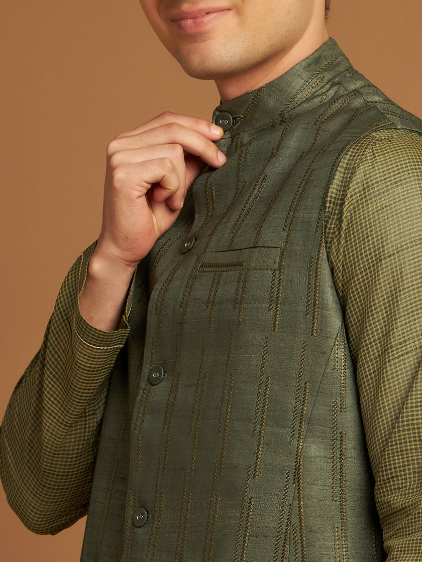 Green Kosa Nehru Jacket with Tribal Motif Embroidery