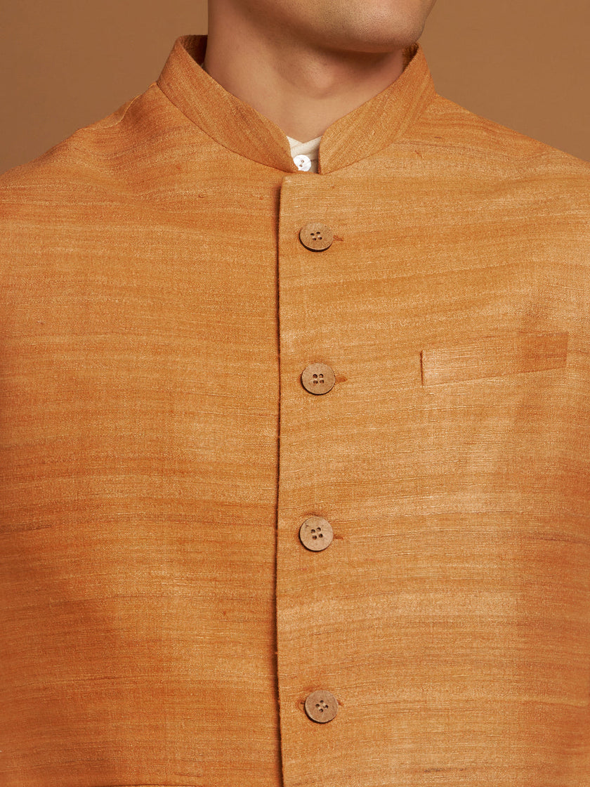 Classic Nehru Jacket in Ghicha silk with wooden buttons in Orange