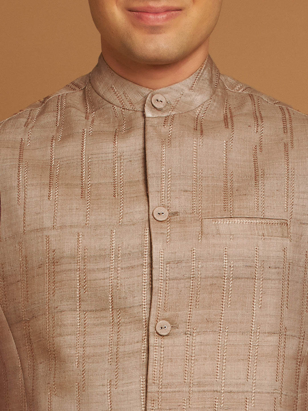 Classic Nehru Jacket in Kosa silk with wooden buttons in Beige