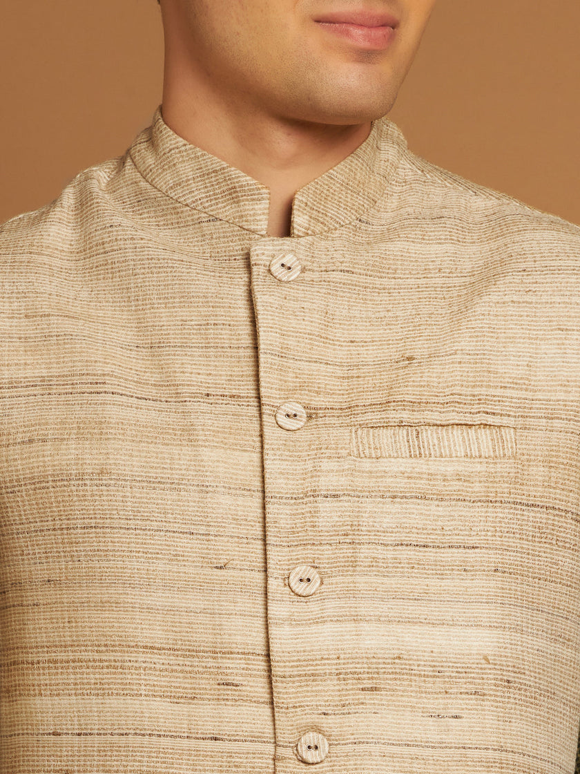 Classic Nehru Jacket in Ghicha silk with wooden buttons in Beige