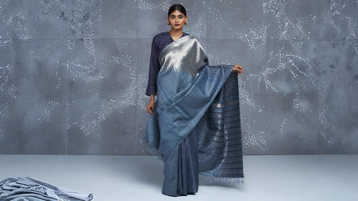 Blue kosa silk handloom saree with silver zari body and striped silver zaro pallu