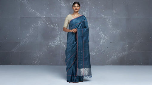 Deep blue kosa silk handloom saree with silver zari and motifs