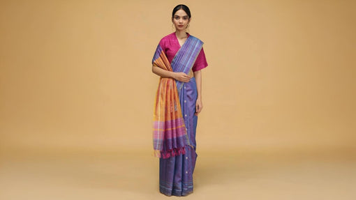 Blue kosa silk handloom saree with multicolor pallu