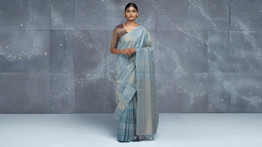 Light Blue kosa silk handloom saree in silver and gold zari stripes